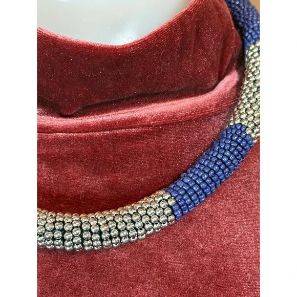 Blue & Silver Seed Bead Rope Collar Necklace Chunky Statement Character Fashion - Picture 2 of 3